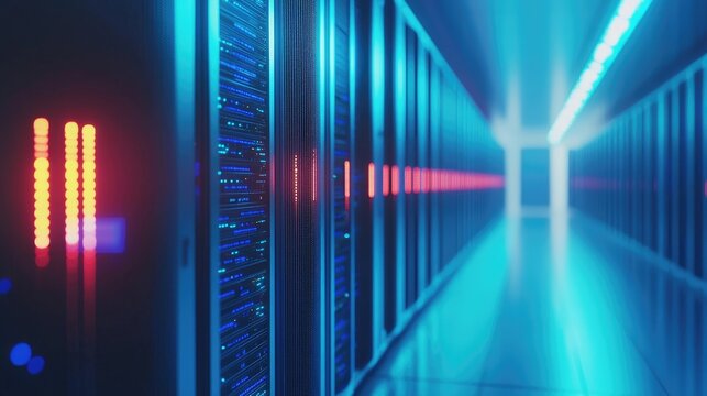 Bright data center corridor with red and blue server lights extending into the distance, ideal for illustrating modern cloud technology, data networks, and cybersecurity systems