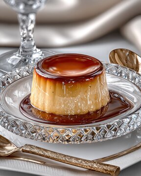 Delicious pudim abade de priscos delights with its bacon flavor and glossy caramel on an elegant table