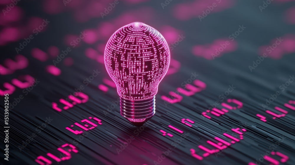 Poster business bright idea concept. Light bulb made of digital code on a background of pink binary numbers.