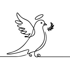 Obraz premium Simple line drawing of a dove with an olive branch and halo 