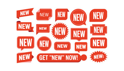 Set of Red 'NEW' Labels and Badges – Modern Promotional Tag Icons for Marketing and Advertising