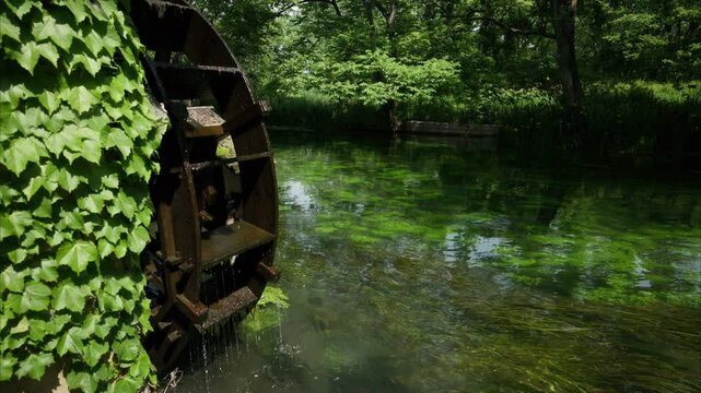 水車小屋を取り囲む新緑の木々