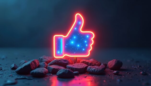 Neon thumbs up icon glowing on dark background with rocks. Digital like symbol, positive feedback concept. Social media, internet approval, agreement. Modern interface sign, vote yes, good choice.