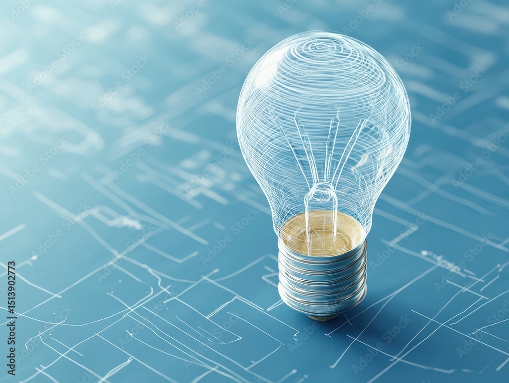 Poster business bright idea concept. a clear light bulb surrounded by intricate lines on a blue background 