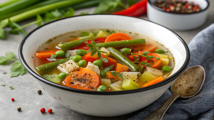 A warm bowl of vegetable soup showcasing a mix of vegetables and herbs, perfect for a cozy meal