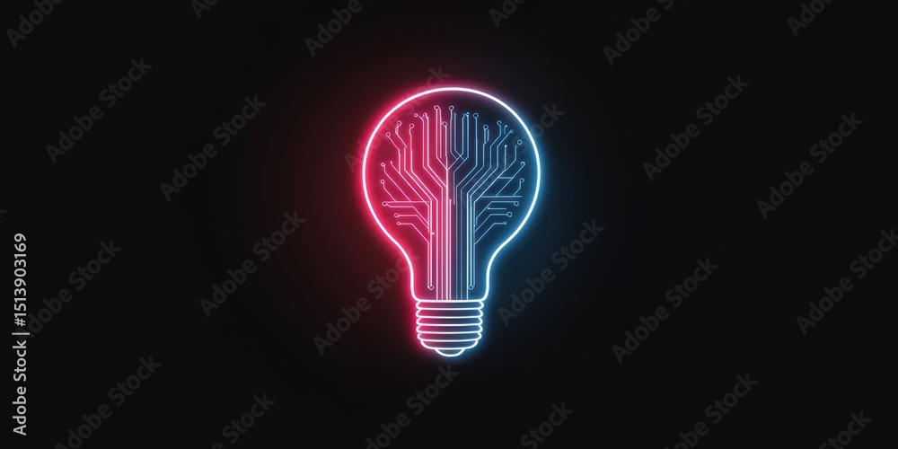 Poster business bright idea concept. Neon light bulb design with circuit pattern symbolizing innovation and technology.