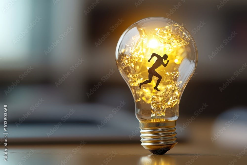 Poster business bright idea concept. light bulb with a running figure inside, symbolizing creativity and en