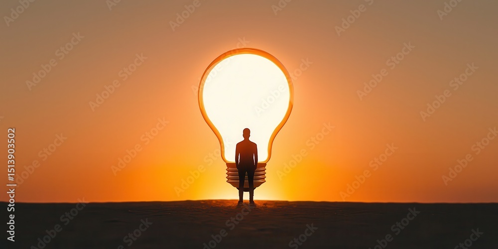 Poster business bright idea concept. silhouette of a person standing in front of a large light bulb at suns