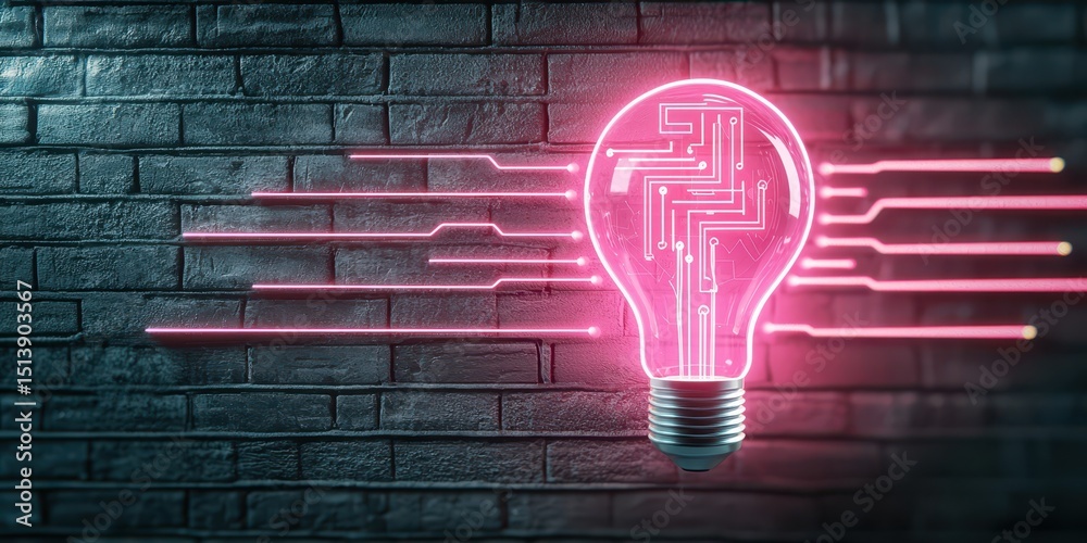 Poster business bright idea concept. Light bulb design with circuit patterns glowing against a textured brick wall.