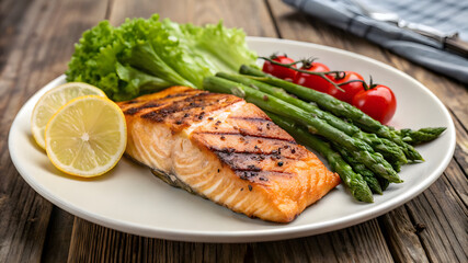 Grilled salmon fillet with asparagus arranged on a white plate, showcasing a delicious and healthy meal