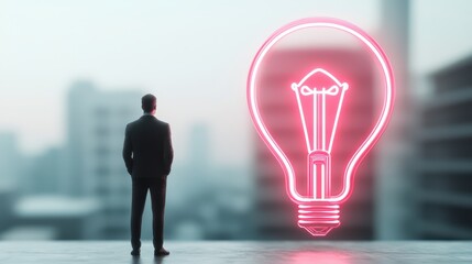 business bright idea concept. A businessman contemplating ideas with a glowing light bulb illustration in the background.