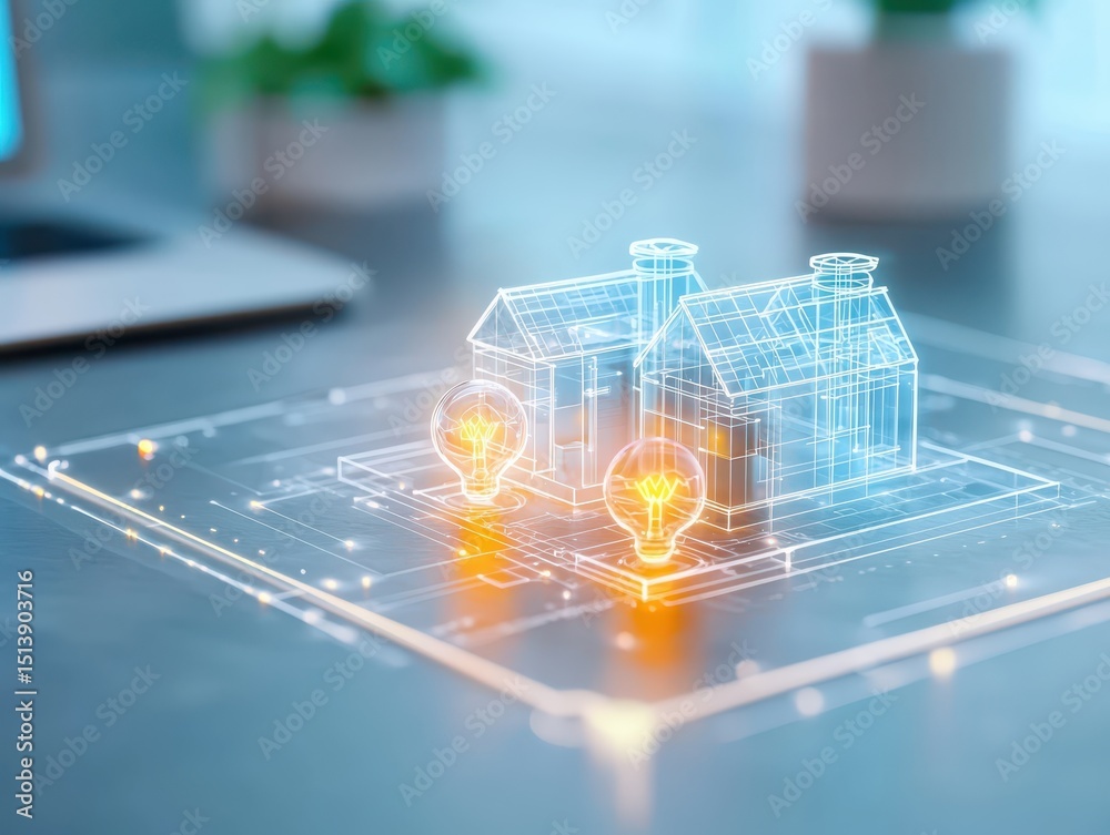 Poster business bright idea concept. digital blueprint of a house with glowing elements on a desk.