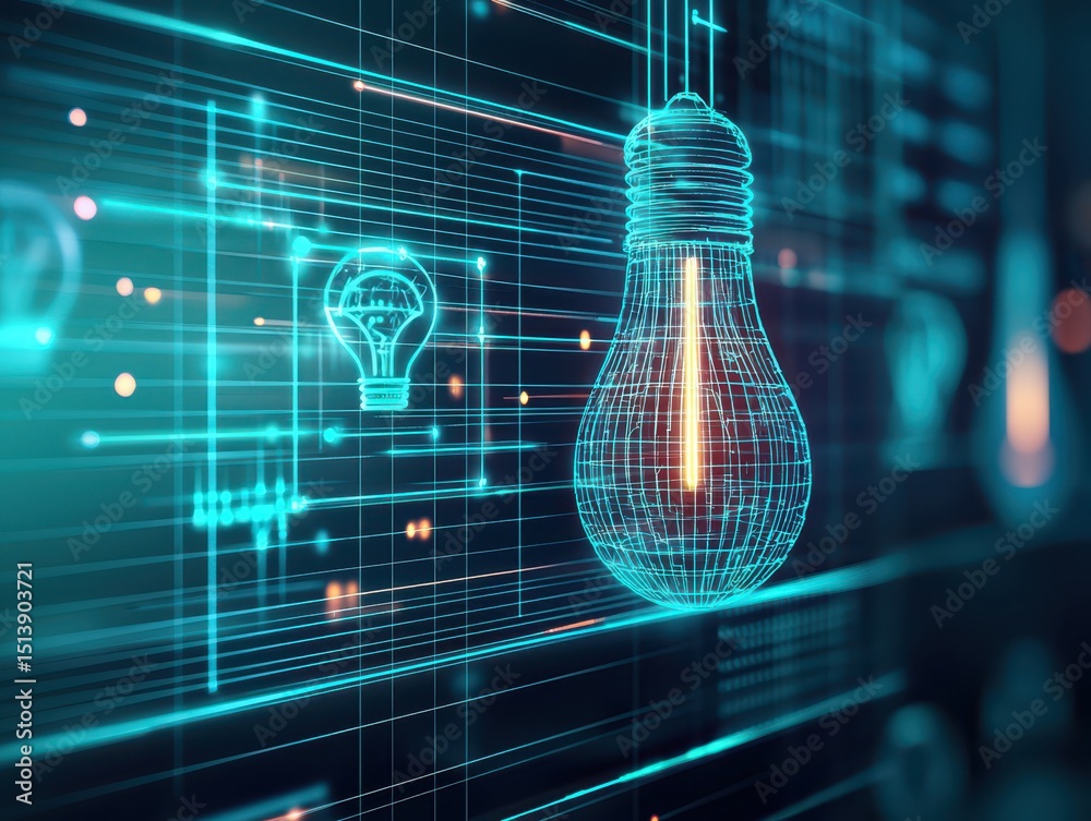 Poster business bright idea concept. digital illustration of a light bulb with a futuristic tech background