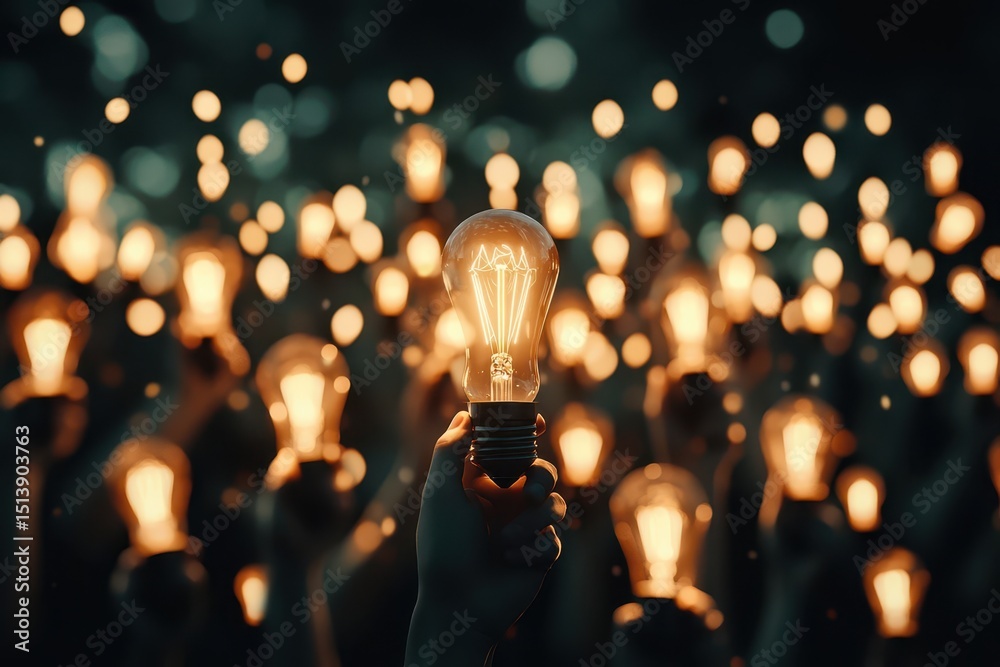 Poster business bright idea concept. a hand holding a glowing light bulb surrounded by many illuminated bul