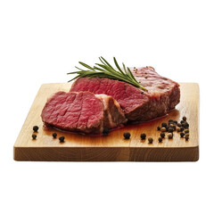 Juicy sliced steak on wooden board isolated on transparent background