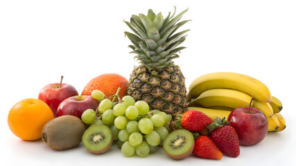 A colorful pile of assorted fruits, including apples, bananas, and berries, arranged attractively together