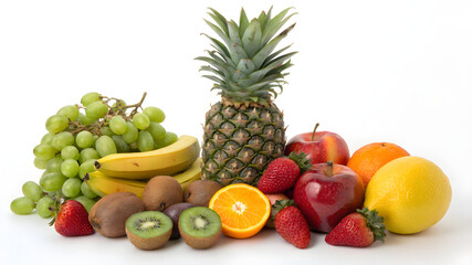 A vibrant assortment of fruits, such as oranges, grapes, and strawberries, piled together in a delightful display