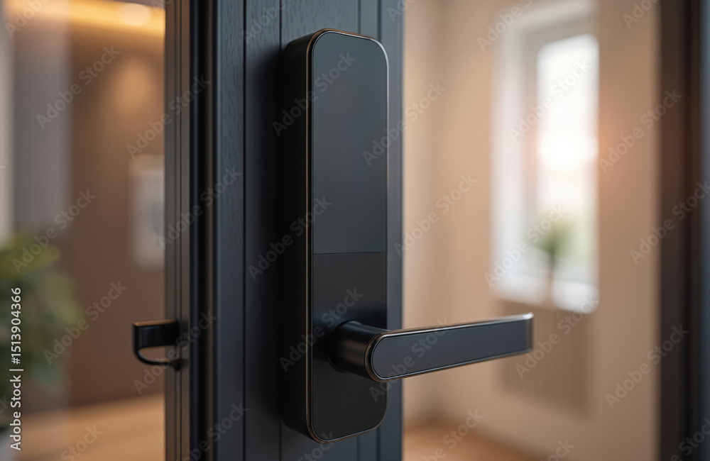 Aufkleber Modern smart door lock with sleek design installed on glass door. Illuminated interface, secure technology, sensor features wireless access via bluetooth network. Convenience safety system with
