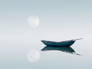 Minimalist fishing boats floating on calm water with full moon reflections, blue and gray tones, perfect for editorial or design use