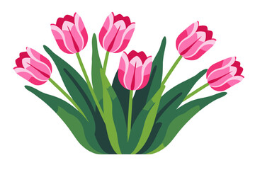 Beautiful Pink Tulip Flower Bouquet Illustration- Elegant Floral Arrangement with Green Leaves- Springtime Blossom Design for Cards and Decorations