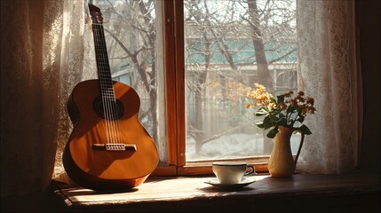 Acoustic guitar and coffee cup on windowsill with natural light, cozy interior and city or garden view, perfect for lifestyle design