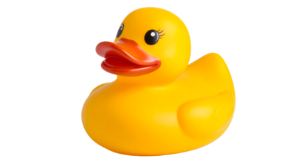 Cute yellow rubber duck with orange beak and round eyes with eyelashes, on a transparent white (PNG) background. Great for bath time fun or playful decor.