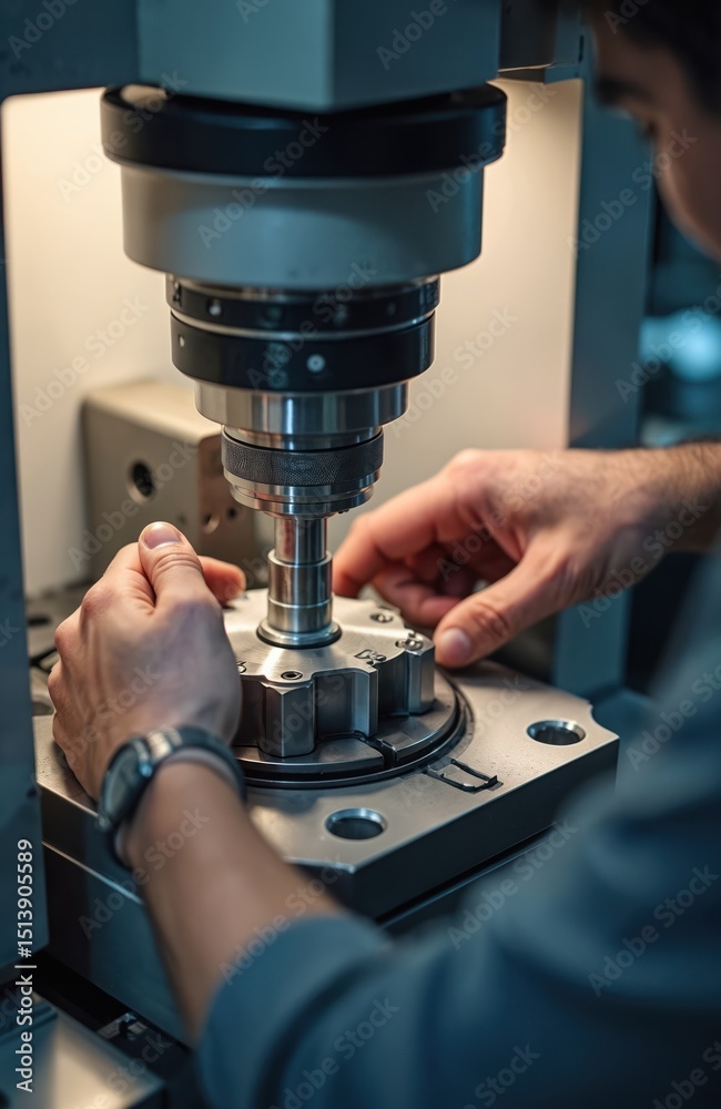 Leinwandbilder Technician checks CNC machined part using coordinate measuring machine. Inspection ensures part meets quality standards. Precision metalwork in factory. Quality control and engineering in industry.
