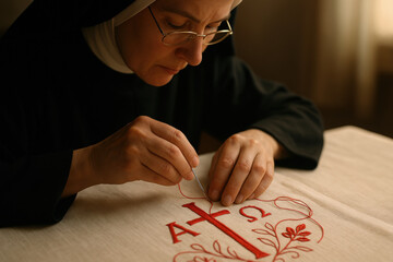 Focused nun carefully embroidering religious symbol with red thread on white linen, representing devotion, faith, and traditional craftsmanship