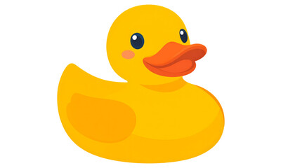 Fototapeta premium Cute yellow rubber duck (digital drawing) with blue eyes, an orange beak, and pink cheeks, on a transparent white (PNG) background. Perfect for cheerful designs.