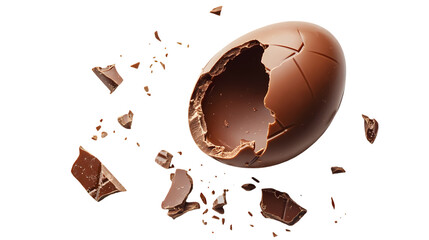 A cracked chocolate egg with fragments floating  a stark  in a studio shot isolated on transparent background