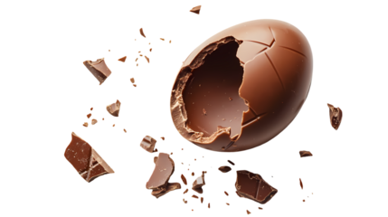 A cracked chocolate egg with fragments floating  a stark  in a studio shot isolated on transparent background