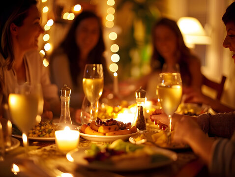 Intimate dinner setting with friends enjoying a meal and drinks under warm, glowing lights. - Powered by Adobe