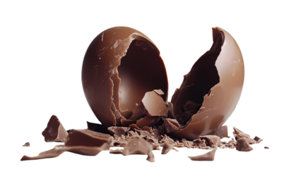 A shattered chocolate egg with fragments scattered around on a  in a studio shot isolated on transparent background