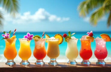 Variety tropical cocktails beach bar. Colorful drinks garnished with fruits, flowers. Refreshing beverages perfect summer vacation, island getaway. Beverages served in elegant glassware. Tropical