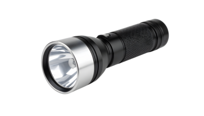 Compact black flashlight with non-slip body and silver head on a white background. Great for outdoor, emergency, or security gear.