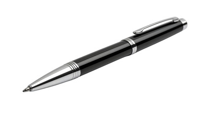 Elegant black ballpoint pen with silver tip and clip on a white background. Ideal for premium stationery, business, or education.