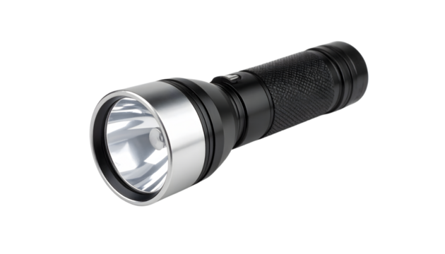 Compact black flashlight with non-slip body and silver head on a white background. Great for outdoor, emergency, or security gear.