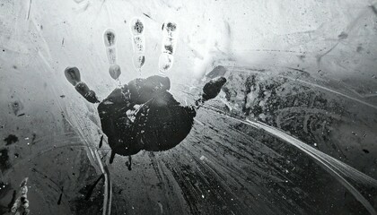A monochrome image showing a black handprint and streaks on a textured white surface abstractly