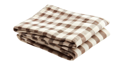 A neatly folded stack of brown and white checkered kitchen towels on a plain background surface isolated on transparent background