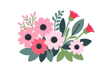 Pastel Flower Bouquet Illustration - Pink Floral Arrangement with Green Leaves - Modern Botanical Art for Spring Decor and Greeting Cards