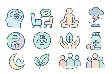 Minimalist Mental Health Icon Set – Pastel Wellness Illustrations (Transparent Background)
