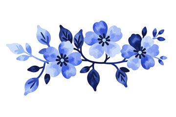 Watercolor Blue Flower Branch Illustration - Delicate Floral Design with Leaves - Perfect for Spring and Summer Projects - Artistic Floral Element for Graphic Design