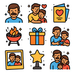Fathers Day icons showcase heartwarming designs ideal for celebratory occasions, perfect for greeting cards, social media posts, and decorations.