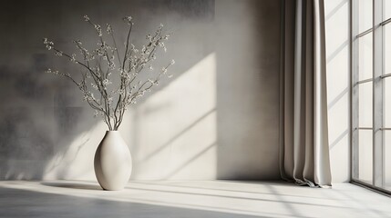 Elegant vase with flowering branches in a minimalist interior.