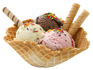 Three scoops of ice cream with sprinkles and wafer sticks in a waffle cone on a black background