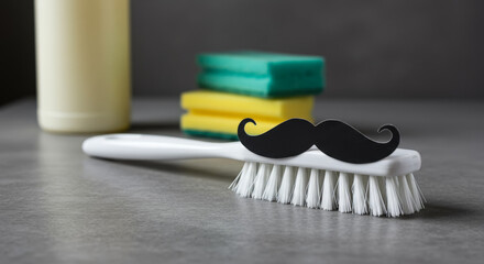 White scrubbing brush with mustache on gray surface, Father's Day humor in cleaning