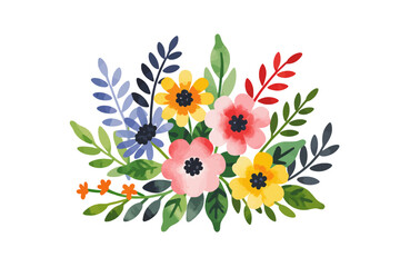 Watercolor Floral Bouquet Illustration - Vibrant Pink, Yellow, and Blue Flowers with Green Leaves - Perfect for Spring Designs and Nature-Themed Projects