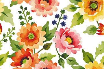 Watercolor Floral Pattern - Seamless Flower Background with Orange, Pink and Yellow Blooms - Hand Painted Floral Design for Textile and Paper Crafts