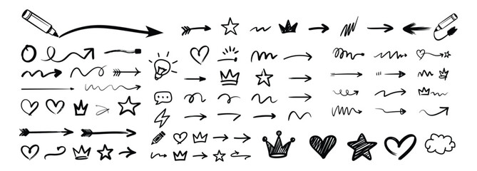Hand drawn brush arrow element set. Sketch pencil stroke vector graphic pen underline scribble icon. Hand drawn line heart, crown, star symbol highlight marker shape. Vector