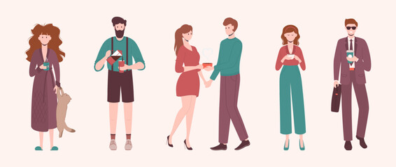 Cartoon Color Characters People Standing Drinking Coffee Concept Flat Design Style. Vector illustration of Person with Hot Drink